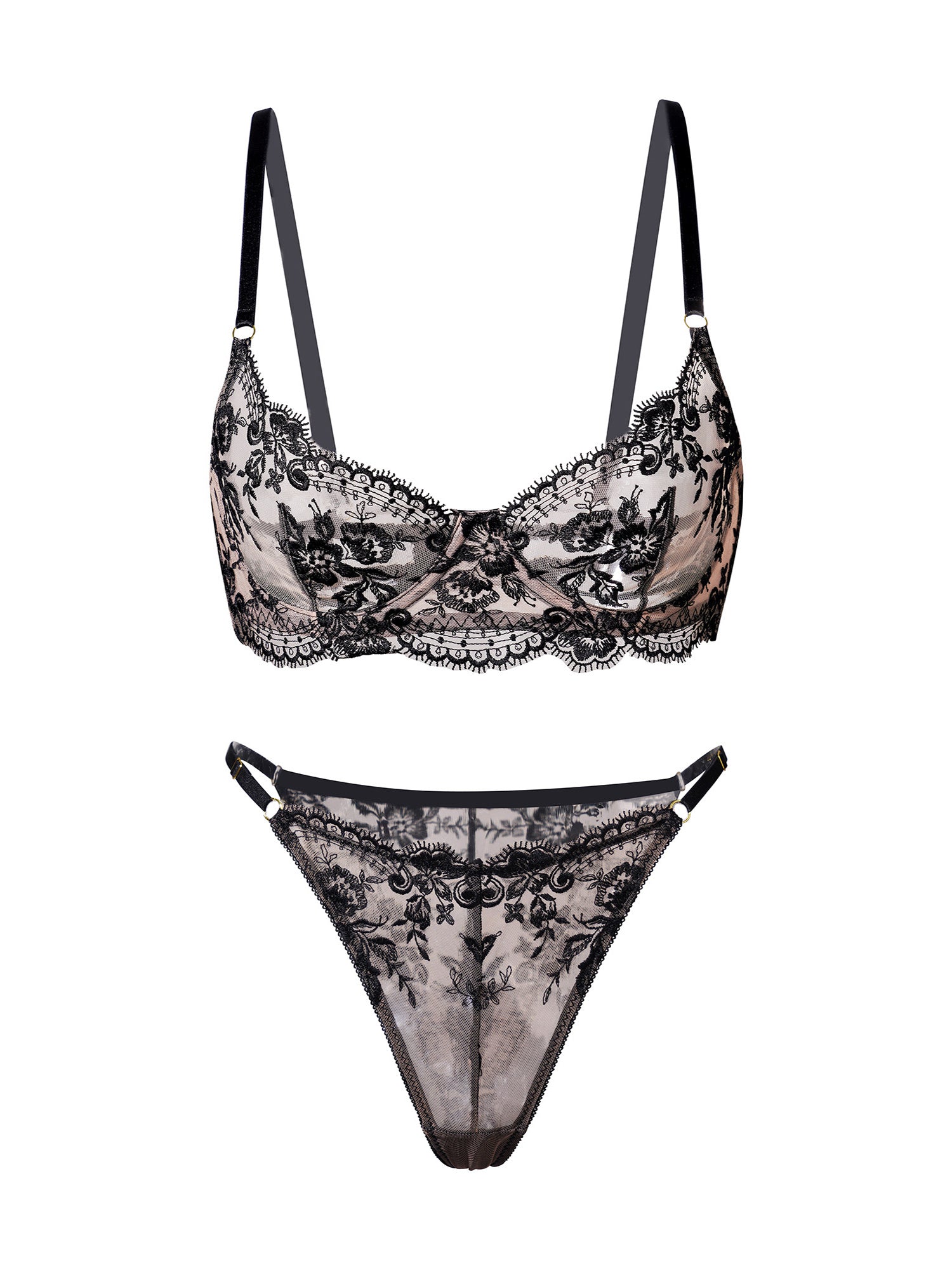 Black Lace Embroidered Lingerie Set With Sheer Details Hello.LA.Girl